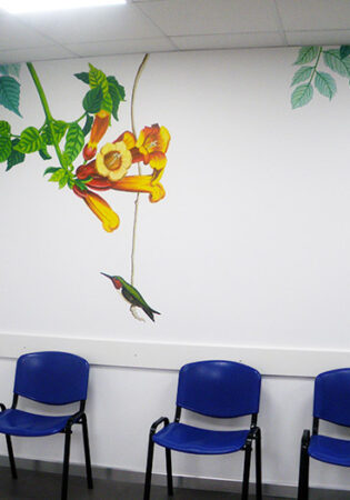 fresque réaliste plante tropicale colrée et colibri