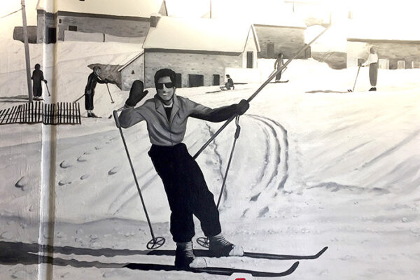fresque murale signalétique musée alpe d'huez photo d'archive noir et blanc skieur